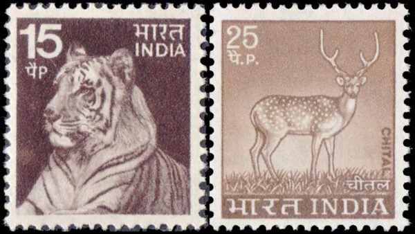 INDIA/SELLOS, 1974 - SELLOS ORDINARIOS - FAUNA - TIGRE - CIERVO - YV 401/02 - 2 VALORES - NUEVO -MINT