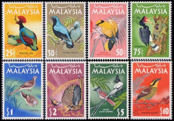 MALASIA/SELLOS, 1965 - SELLOS ORDINARIOS - FAUNA - AVES - YV 22/29 - 8 VALORES - NUEVO - MINT