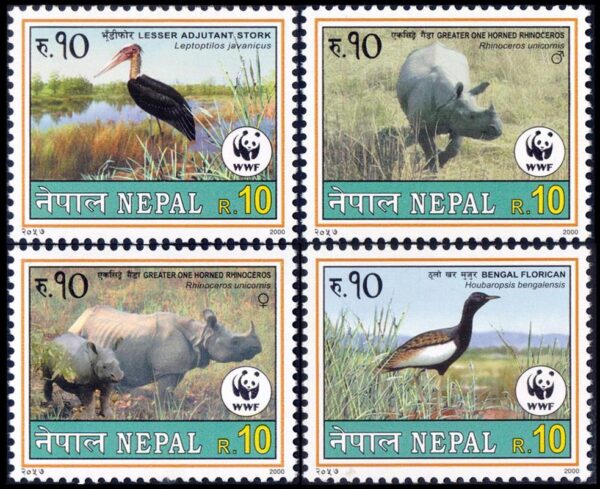 NEPAL/SELLOS, 2000 - PROTECCION DE LA NATURALEZA - W.W.F. - FAUNA - AVES - RINOCERONTE - YV 686/89 - 4 VALORES - NUEVO - MINT