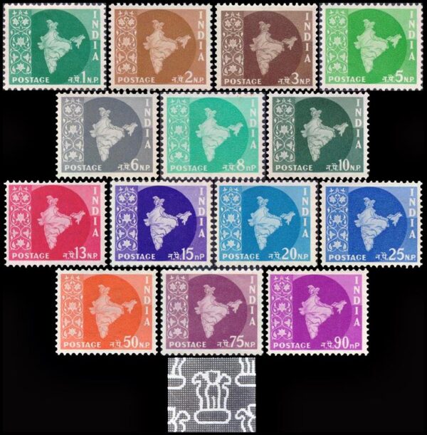 INDIASELLOS, 1958-1963 - SELLOS ORDINARIOS - MAPA DE LA INDIA - YV 95A/104A - 14 VALORES - NUEVO - MINT