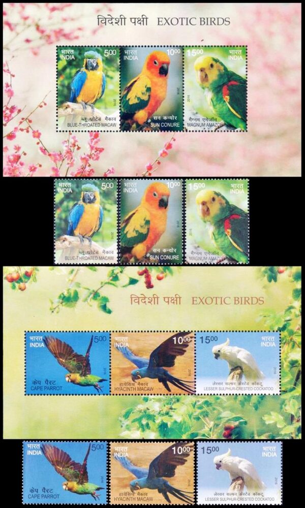 INDIA/SELLOS, 2016 - FAUNA - AVES EXOTICAS - LOROS - CACATUAS - YV 2732/37 + BF 136/137 - 6 VALORES + 2 BLOQUES - NUEVO