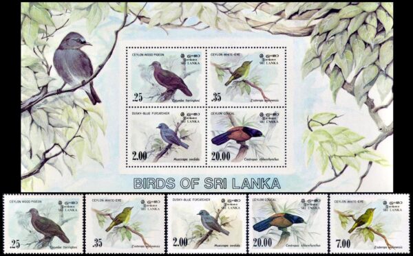 SRI LANKA/SELLOS, 1983 - FAUNA - AVES - YV 660/63 + 487A - 5 VALORES + BLOQUE - NUEVO - MINT