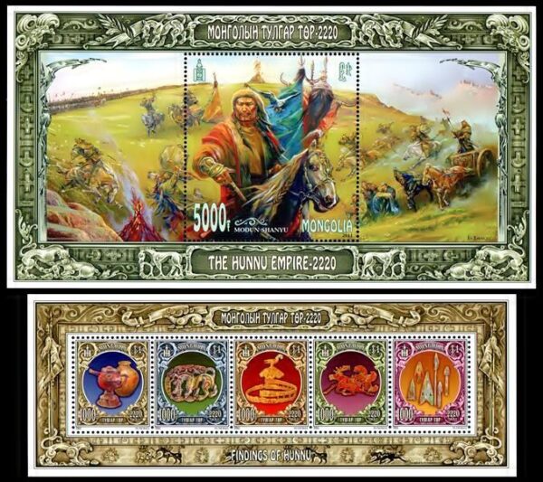 MONGOLIA/SELLOS, 2011 – IMPERIO DE LOS HUNOS DE ASIA – YV 2913/17 + BF 352 – HOJITA + BLOQUE – NUEVO - MINT