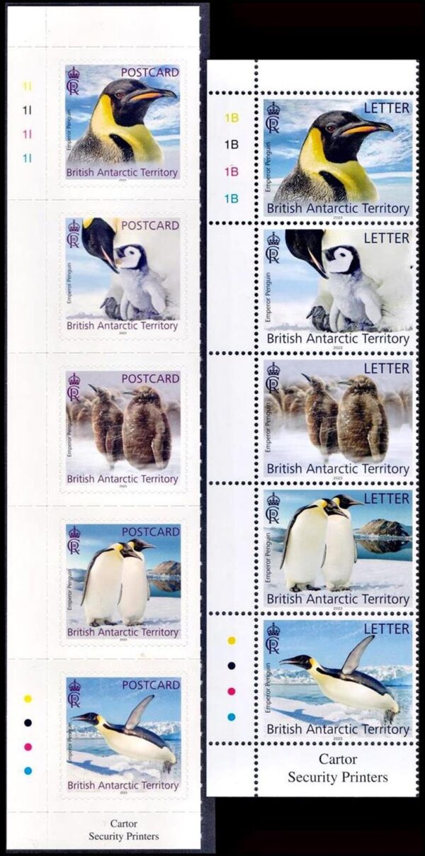 ANTARTIDA BRITANICA (BAT) SELLOS, 2023 - AVES - PINGUINOS - YV 825/29 (AUTOADHESIVOS) + 830/34 - 5 VALORES + 5 AUTOADHESIVOS - NUEVO - MINT
