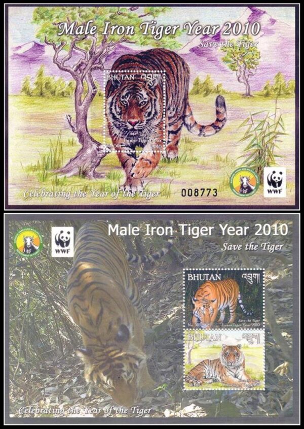 BHUTAN/SELLOS, 2010 – W.W.F. FAUNA PROTEGIDA - TIGRES – YV BF 459/60 – 2 BLOQUES – NUEVO - MINT