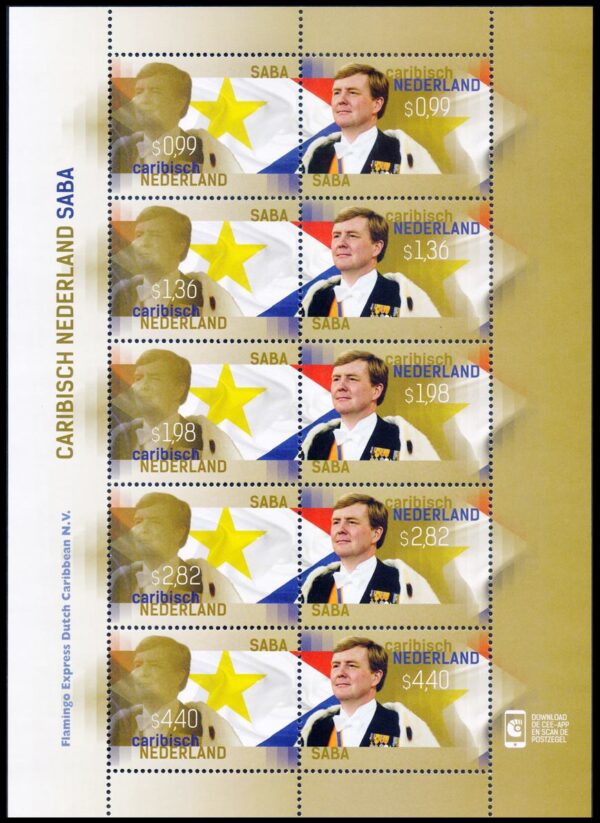 DUTCH CARIBBEAN (SABA) STAMPS, 2015 – ROYALTY – WILLIAM ALEXANDER KING OF THE NETHERLANDS – 9/18 – MINI SHEET – MINT