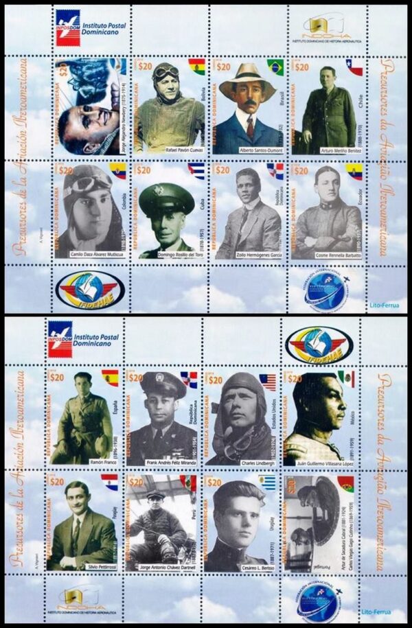 REPUBLICA DOMINICANA/SELLOS, 2018 - PERSONAJES DE LA AVIACION IBEROAMERICANA - YV 2055/70 - 2 HOJITAS - NUEVO