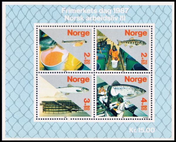 NORUEGA/SELLOS, 1987 - JORNADA DEL SELLO - LA NORUEGA DEL TRABAJO - PISCICULTURA - YV BF 8 - BLOQUE - NUEVO - MINT