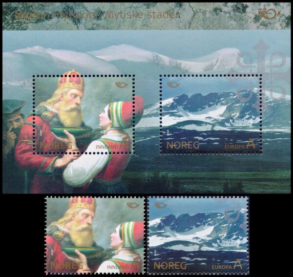 NORUEGA/SELLOS, 2008 - MITOLOGIA ESCANDINAVA - MONTE DORVE - YV 1587/88 + BF 36 - 2 VALORES + BLOQUE - MINT