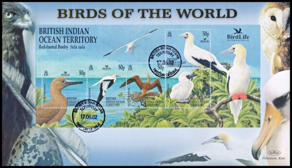 OCEANO INDICO BRITANICO (BIOT) SOBRES, 2002 – FAUNA – AVES – BIRD LIFE INTERNACIONAL – YV BF 20 – BLOQUE – SOBRE PRIMER DIA EMISION