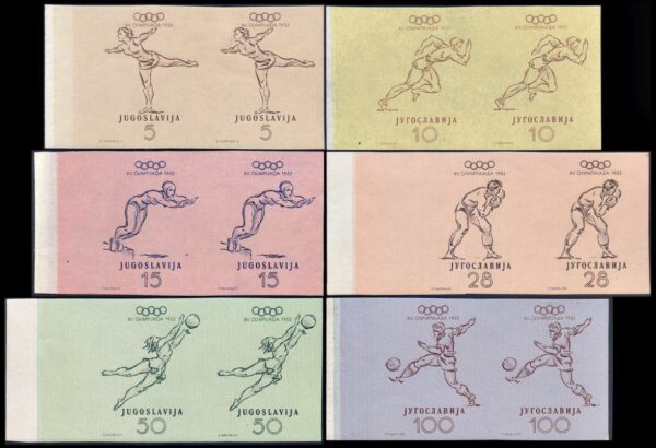 YYUGOSLAVIA/STAMPS, 1952 - SPORTS - OLYMPIC GAMES HELSINKI 1952 - MICHEL 698/703 - IMPERFORATED PAIRS