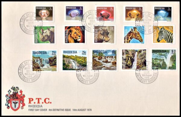 RHODESIA/COVERS, 1978 - FAUNA - MAMMALS - WATERFALLS - MINERALS - YV 300/14 - 15 VALUES - FDC