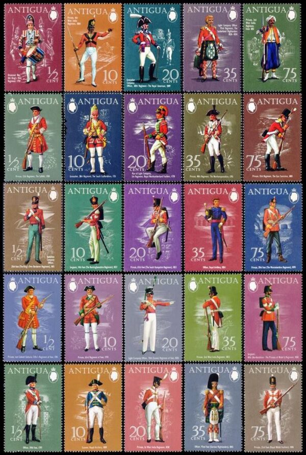 ANTIGUA/SELLOS, 1970-1974 - UNIFORMES MILITARES - yv 253/7 265/9 274/8 298/302 320/4 - 25 VALORES - NUEVO - MINT