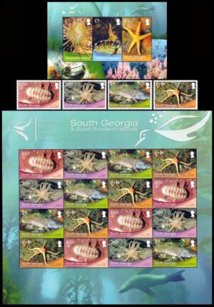 GEORGIAS DEL SUR/SELLOS, 2013 - FAUNA MARINA - YV 582/89 + BF 23 - 4 VALORES + HOJA + BLOQUE - NUEVO - MINT