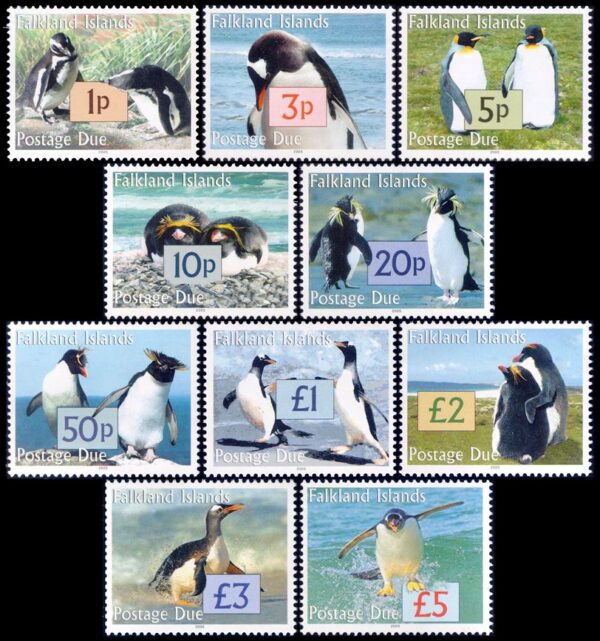 MALVINAS/SELLOS, 2005 - FAUNA - PINGUINOS - TIMBRES TAXE - YV TT 9/18 - 10 VALORES - NUEVO - MINT