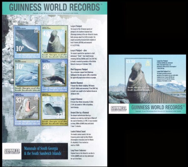 SOUTH GEORGIA/STAMPS, 2002 - MARINE MAMMALS - 338/43 + BF 12 - MINI SHEET + SOUVENIR SHEET - MNH