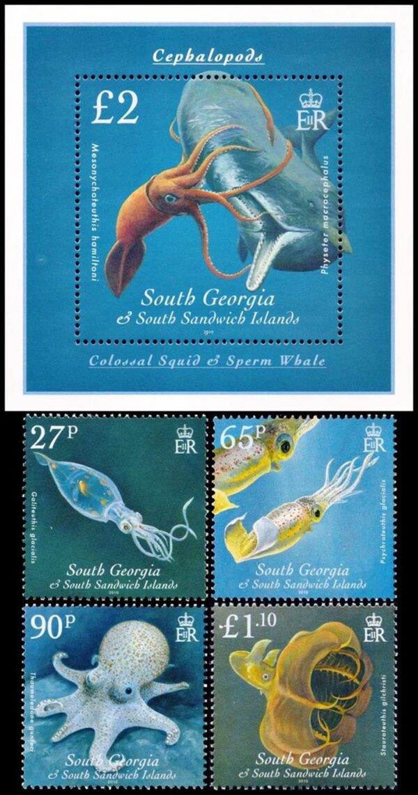 GEORGIAS DEL SUR/SELLOS, 2010 - FAUNA MARINA - CEFALOPODOS - BALLENAS - YV 477/80 + BLOQUE 18 - 4 VALORES + BLOQUE - NUEVO - MINT