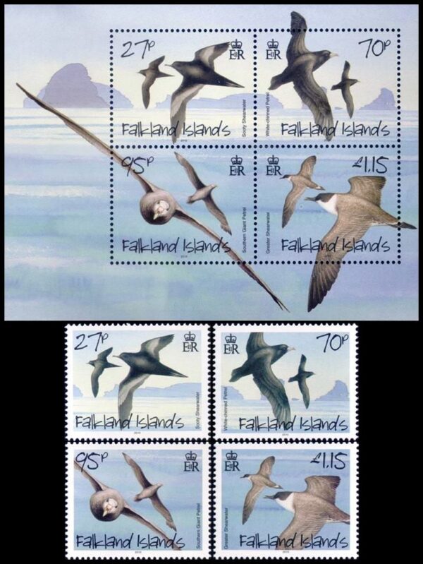 MALVINAS/SELLOS, 2010 - FAUNA - AVES MARINAS - YV 1058/61 + BF 42 - 4 VALORES + BLOQUE - NUEVO - MINT