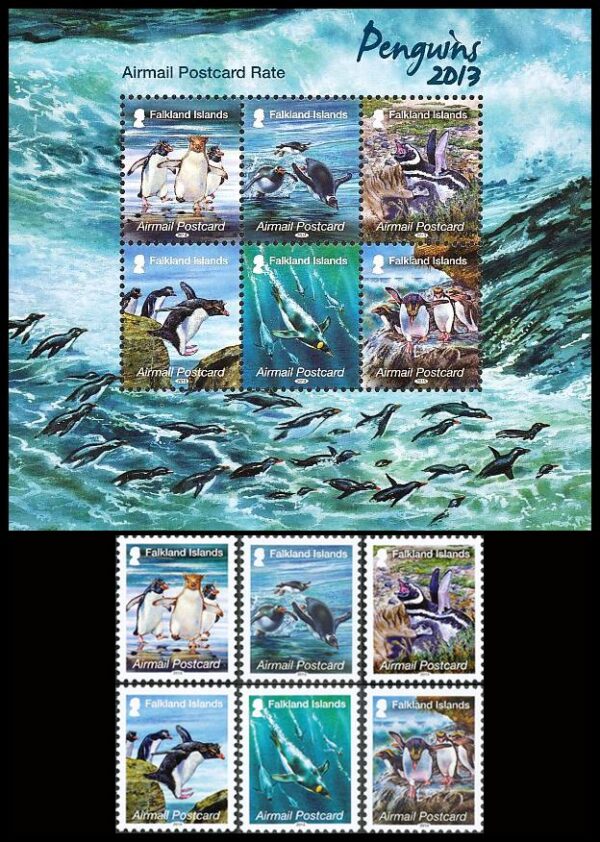 MALVINAS/SELLOS, 2013 - FAUNA - AVES - PINGUINOS - YV 1163/68 + BF 49 - 6 VALORES + BLOQUE - NUEVO - MINT