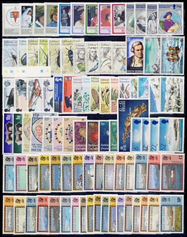 GEORGIAS DEL SUR - LOTE DE 91 SELLOS NUEVOS - SERIES COMPLETAS MINT - 30 % DE DESCUENTO SOBRE PRECIO CATALOGO