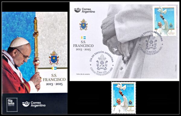 ARGENTINA/SELLOS/SOBRES, 2025 – S.S. PAPA FRANCISCO (2013-2025) – 1 VALOR + 1 SOBRE PRIMER DIA + VOLANTE FILATELICO DEL CORREO ARGENTINO – NUEVO – EMITIDO EL 16 DE MAYO DE 2025