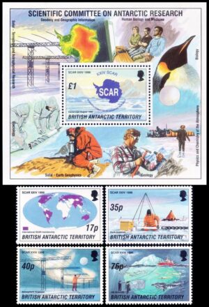 BRITISH ANTARCTIC (BAT) STAMPS, 1996 - SCAR - SCIENTIFIC COMMITTEE ON ANTARCTIC RESEARCH - YV 265/68 + BF 2 - 4 VALUES + SOUV SHEET - MNH