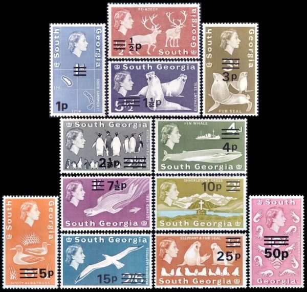 GEORGIAS DEL SUR/SELLOS, 1978 – ELIZABETH II – FAUNA - SELLOS SOBRECARGADOS -  YV 62/72A – 12 VALORES – NUEVO - MINT