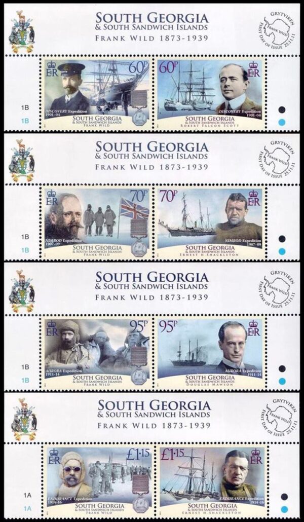 GEORGIAS DEL SUR/SELLOS, 2011 - EXPLORADORES ANTARTICOS - FRANK WILD - BARCOS - YV 528/35 - 8 VALORES - NUEVO - MINT