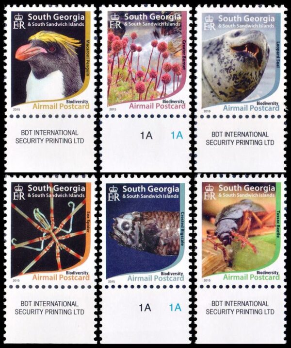 GEORGIAS DEL SUR/SELLOS, 2015 - BIODIVERSIDAD - FAUNA MARINA - AIRMAIL POSTCARD - YV 642/47 - 6 VALORES - NUEVO - MINT