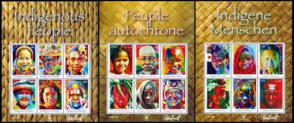 NACIONES UNIDAS (ONU) SELLOS, 2010 - PUEBLOS AUTOCTONOS - YV 1210/15 (NY) 744/49 (G) 693/98 (V) - 3 HOJITAS - NUEVO - MINT