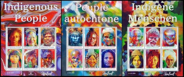 NACIONES UNIDAS (ONU) SELLOS, 2009 - PUEBLOS AUTOCTONOS - YV 1148/53 (NY) 676/81 (G) 630/35 (V) - 3 HOJITAS - NUEVO - MINT