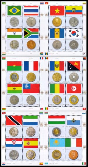 NACIONES UNIDAS (ONU) SELLOS, 2007 – BANDERAS Y MONEDAS –YV 1028/35 (NY) – 576/83 (G) – 500/07 (V) – 3 HOJITAS – NUEVO – MINT.