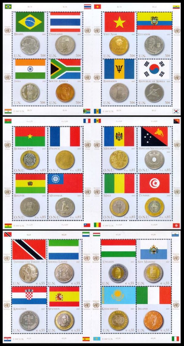 NACIONES UNIDAS (ONU) SELLOS, 2007 – BANDERAS Y MONEDAS –YV 1028/35 (NY) – 576/83 (G) – 500/07 (V) – 3 HOJITAS – NUEVO – MINT.