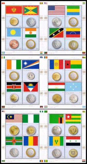 NACIONES UNIDAS (ONU) SELLOS, 2013 – BANDERAS Y MONEDAS –YV 1351/58 (NY) – 844/51 (G) – 804/11 (V) – 3 HOJITAS – NUEVO – MINT.