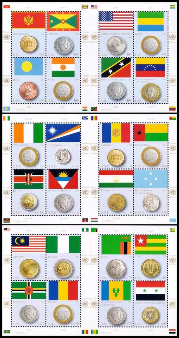 NACIONES UNIDAS (ONU) SELLOS, 2013 – BANDERAS Y MONEDAS –YV 1351/58 (NY) – 844/51 (G) – 804/11 (V) – 3 HOJITAS – NUEVO – MINT.