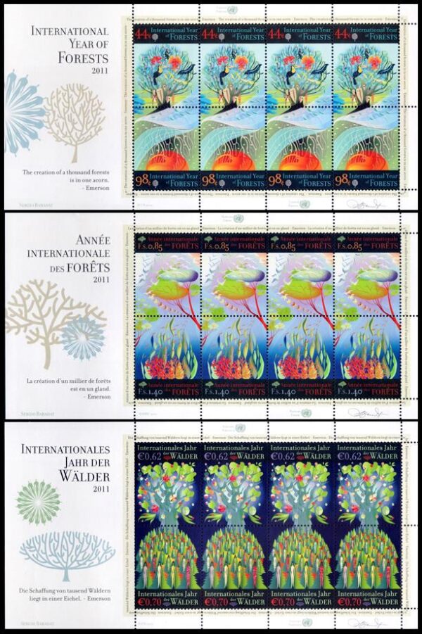 NACIONES UNIDAS (ONU) 2011 - AÑO INTERNACIONAL DE LOS BOSQUES - YV 1254/55 (NY) 785/86 (G) 744/45 (V) - 3 HOJITAS - NUEVO - MNH