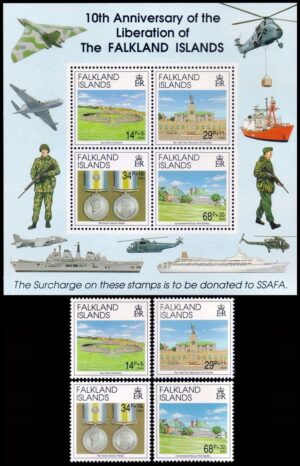 MALVINAS/SELLOS, 1992 - GUERRA DE MALVINAS - 10° ANIVERSARIO - YV 576/79 + BF 9 - 4 VALORES + BLOQUE - NUEVO - MINT
