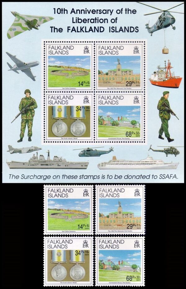 MALVINAS/SELLOS, 1992 - GUERRA DE MALVINAS - 10° ANIVERSARIO - YV 576/79 + BF 9 - 4 VALORES + BLOQUE - NUEVO - MINT