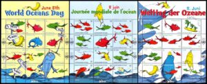 NACIONES UNIDAS (ONU) SELLOS, 2013 - JORNADA MUNDIAL DE LOS OCEANOS - YV 1321/32 (NY) 824/35 (G) 784/87 (V) - 3 HOJITAS - NUEVO - MINT