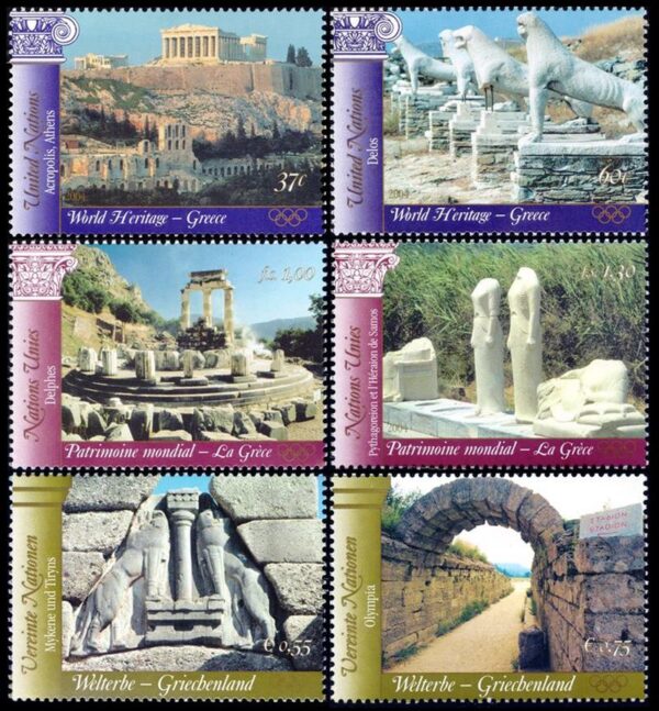 NACIONES UNIDAS (ONU) 2004 - PATRIMONIO MUNDIAL - GRECIA ANTIGUA - YV 940/41 (NY) 507/08 (G) 432/33 (V) - 6 VALORES - NUEVO - MINT