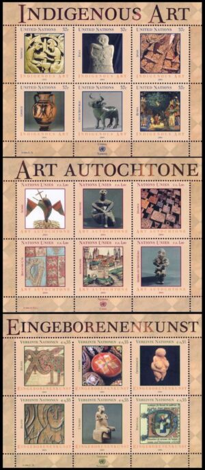 NACIONES UNIDAS (ONU) 2004 - ARTE AUTOCTONO - YV 931/936 (NY) 498//503 (G) 423/28 (V) - 3 HOJITAS - NUEVO - MINT