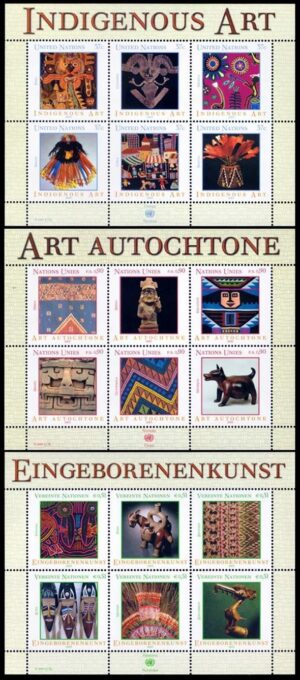 NACIONES UNIDAS (ONU) 2003 - ARTE AUTOCTONO - YV 895/900 (NY) 471/76 (G) 393/98 (V) - 3 HOJITAS - NUEVO - MINT