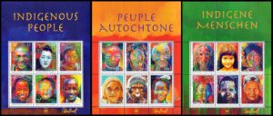 NACIONES UNIDAS (ONU) SELLOS, 2012 – PUEBLOS AUTOCTONOS – YV 1288/93 (NY) 806/11 (G) 766/71 (V) – 3 HOJITAS – NUEVO – MINT
