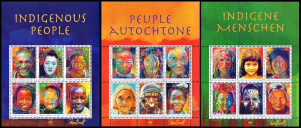 NACIONES UNIDAS (ONU) SELLOS, 2012 – PUEBLOS AUTOCTONOS – YV 1288/93 (NY) 806/11 (G) 766/71 (V) – 3 HOJITAS – NUEVO – MINT