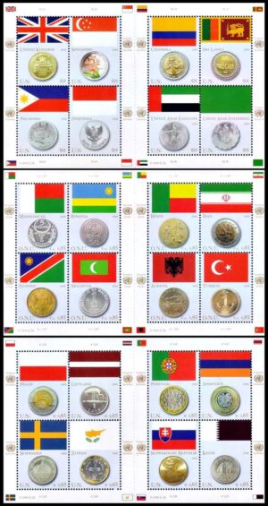 NACIONES UNIDAS (ONU) SELLOS, 2008 – BANDERAS Y MONEDAS –YV 1061/68 (NY) – 602/09 (G) – 545/52 (V) – 3 HOJITAS – NUEVO – MINT.