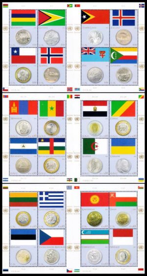 NACIONES UNIDAS (ONU) SELLOS, 2011 – BANDERAS Y MONEDAS – YV 1220/27 (NY) – 752/59 (G) – 701/08 (V) – 3 HOJITAS – NUEVO - MINT