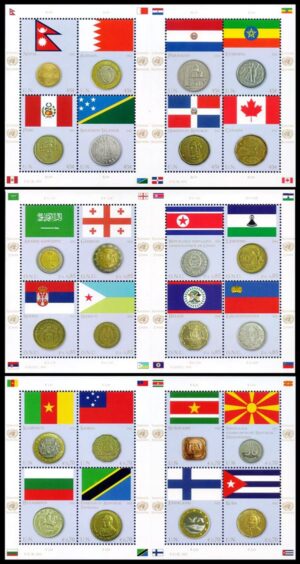 NACIONES UNIDAS (ONU) SELLOS, 2012 – BANDERAS Y MONEDAS – YV 1267/74 (NY) – 787/94 (G) – 746/53 (V) – 3 HOJITAS – NUEVO – MINT.