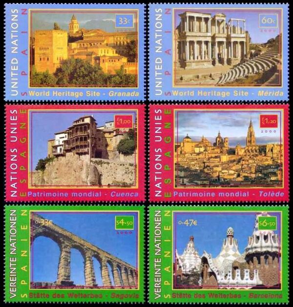 NACIONES UNIDAS (ONU) 2000 -  PATRIMONIO MUNDIAL - ESPAÑA - YV 830/31 (NY) 415/16 (G) 333/34  (V) - 6 VALORES - NUEVO