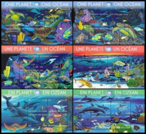 NACIONES UNIDAS (ONU) SELLOS, 2010 - UN PLANETA UN OCEANO - FAUNA MARINA - YV 1167/74 (NY) 696/703 (G) 655/62 (V) - 6 HOJITAS - NUEVO - MINT