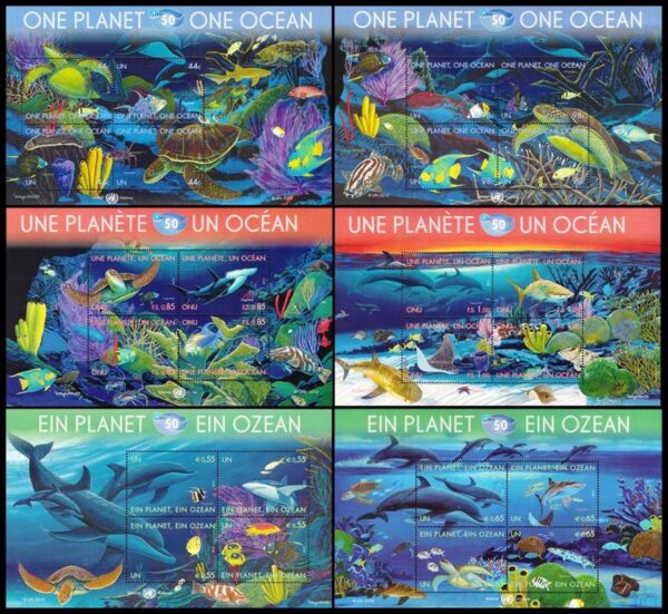 NACIONES UNIDAS (ONU) SELLOS, 2010 - UN PLANETA UN OCEANO - FAUNA MARINA - YV 1167/74 (NY) 696/703 (G) 655/62 (V) - 6 HOJITAS - NUEVO - MINT